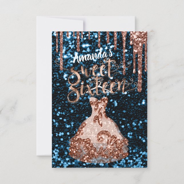 Sweet Sixteen Rose Floral Dress Glitter Drips Navy Invitation (Back)
