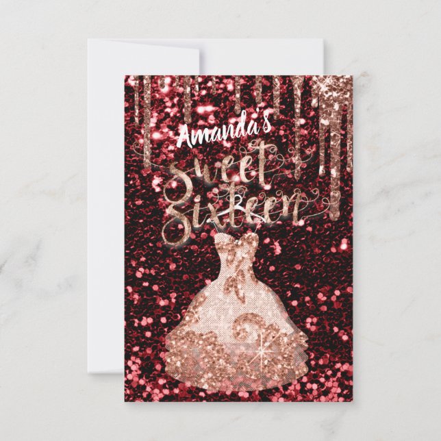 Sweet Sixteen Rose Floral Dress Glitter Drips Red Invitation (Back)
