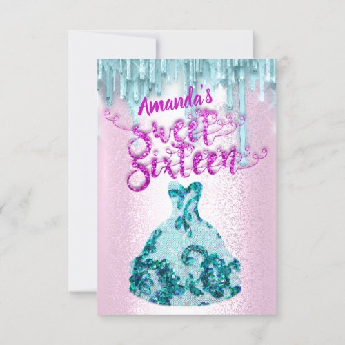 Sweet Sixteen Rose Floral Dress Teal Drips Invitation