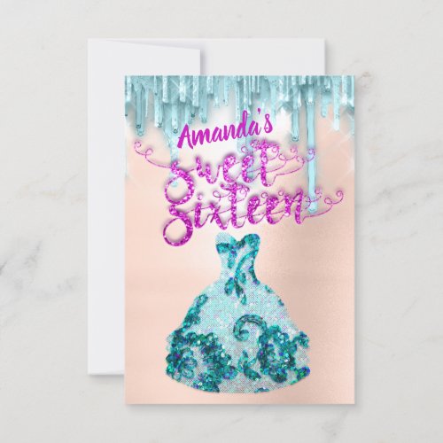 Sweet Sixteen Rose Floral Dress Teal Drips Pink Invitation