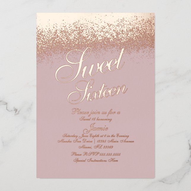 Sweet Sixteen Rose Gold Pressed Glitter  Foil Invitation (Front)