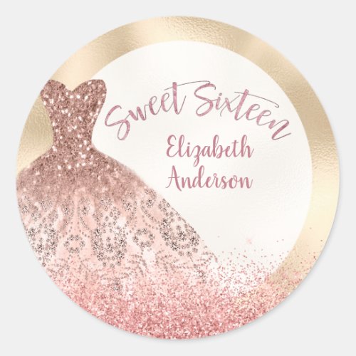 Sweet Sixteen Rose Gold Sparkle Gown  Classic Round Sticker