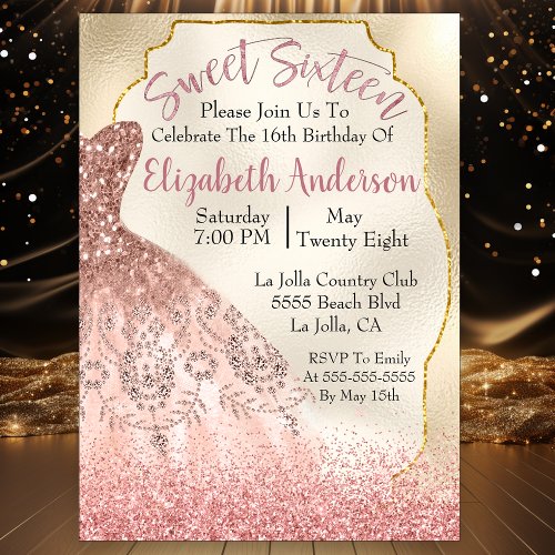 Sweet Sixteen Rose Gold Sparkle Gown Invitation