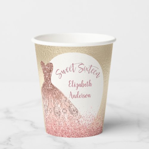 Sweet Sixteen Rose Gold Sparkle Gown  Paper Cups