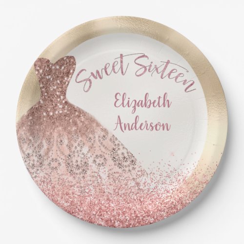 Sweet Sixteen Rose Gold Sparkle Gown  Paper Plates