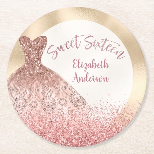 Sweet Sixteen Rose Gold Sparkle Gown  Round Paper Coaster