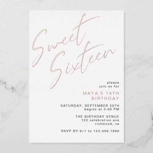 Sweet Sixteen Rose Gold  White Glam 16th Birthday Foil Invitation