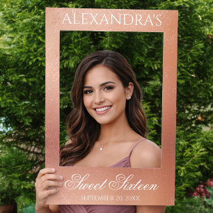 Sweet Sixteen Rose Gold White Script Calligraphy Selfie Frame