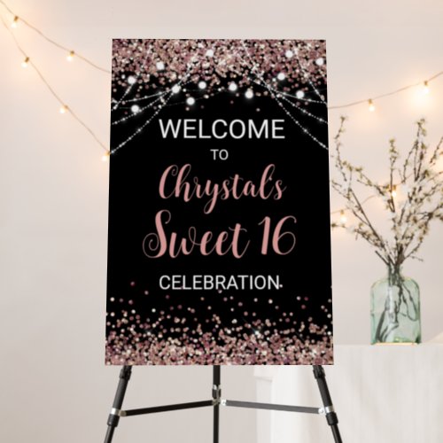 Sweet Sixteen Rosegold Black Birthday Welcome Sign