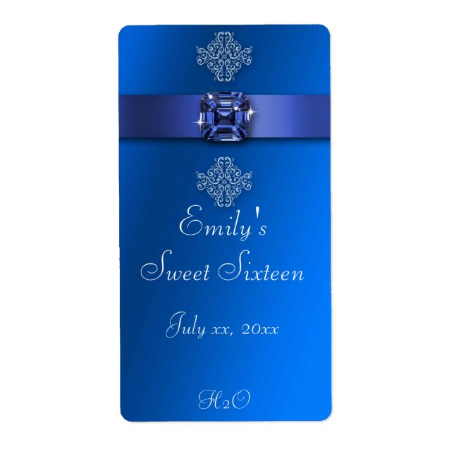 Sweet Sixteen Royal Blue Diamond Water Bottle Label (Front)