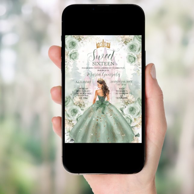 Sweet Sixteen Sage Green Princess Floral Castle Invitation (Front Digital)