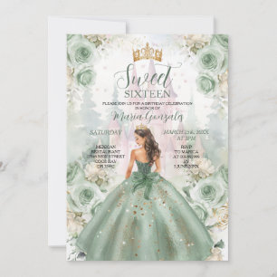 Sweet Sixteen Sage Green Princess Floral Castle Invitation