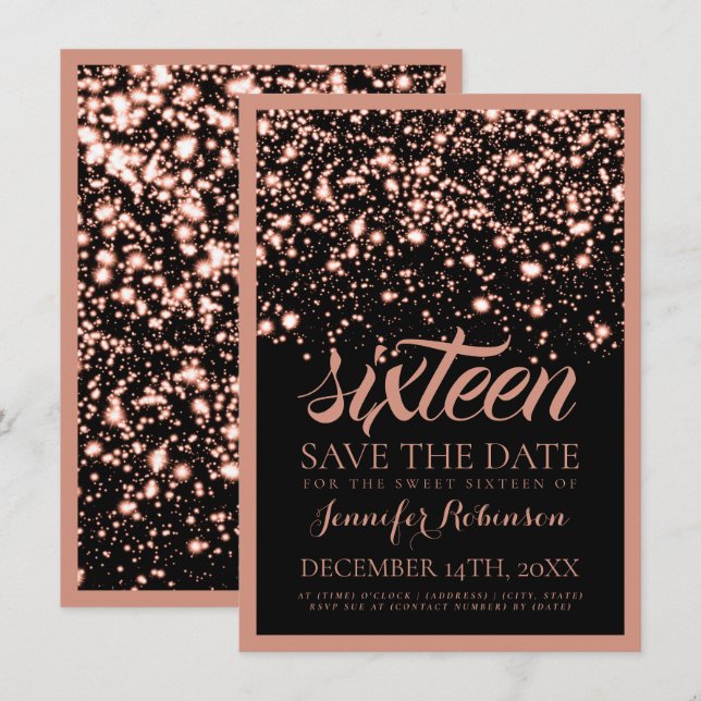 Sweet Sixteen Save The Date Rose Gold Midnight Invitation (Front/Back)