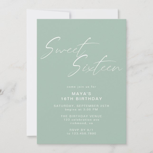Sweet Sixteen Script Sage Green Mint 16th Birthday Invitation (Front)