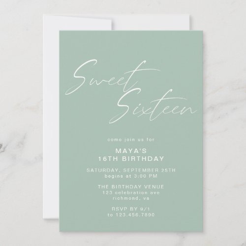 Sweet Sixteen Script Sage Green Mint 16th Birthday Invitation
