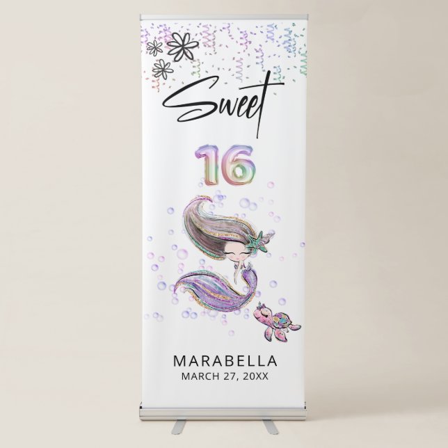 *~* SWEET SIXTEEN Sea Turtle Mermaid 16 Glitter  R Retractable Banner (Front)