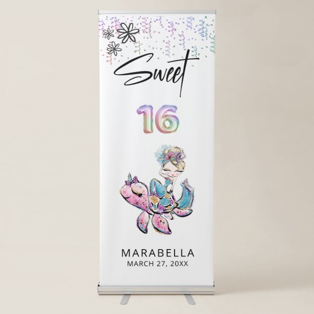 *~* SWEET SIXTEEN Sea Turtle Mermaid 16 Glitter Retractable Banner (Front)