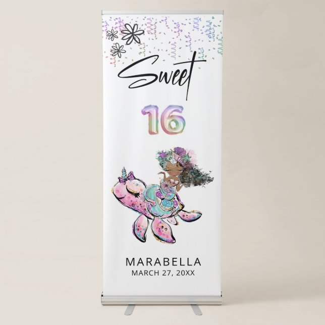 *~* SWEET SIXTEEN Sea Turtle Mermaid 16 Glitter  Retractable Banner (Front)