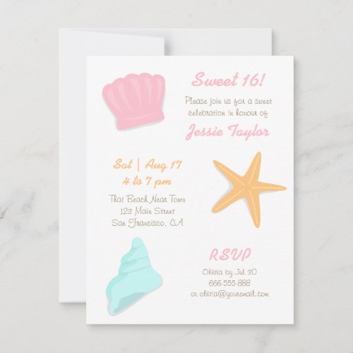 Sweet Sixteen Seashells Beach Birthday Party Invitation