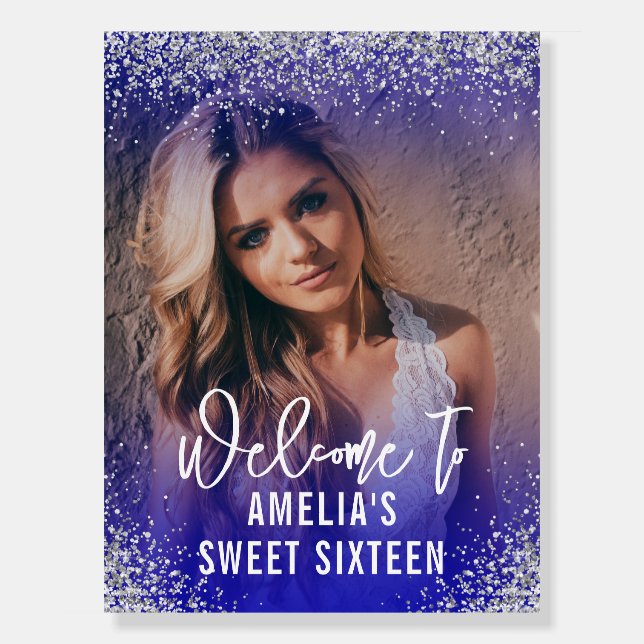 Sweet Sixteen Sign Navy Blue and Silver (Front)