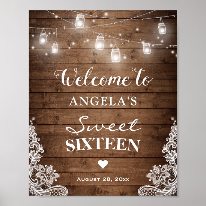Sweet Sixteen Sign Rustic Wood String Lights Lace