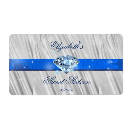 Sweet Sixteen Silver Blue Diamond Sparkle Water Label