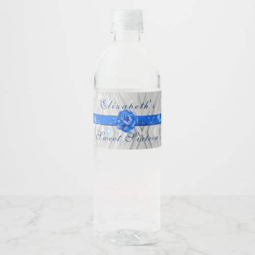 Sweet Sixteen Silver Blue Flower Sparkle Stars Water Bottle Label