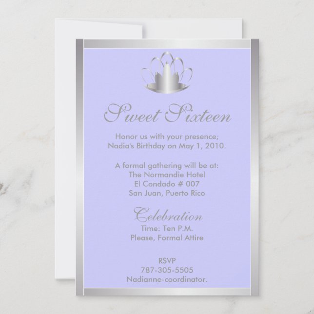Sweet Sixteen Silver/Blue Tiara Invitation-Cust. Invitation (Front)