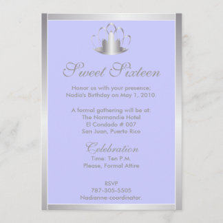 Sweet Sixteen Silver/Blue Tiara Invitation-Cust. Invitation