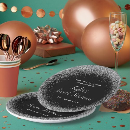 Sweet Sixteen Silver Faux Glitter Paper Plates