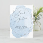 Sweet Sixteen Silver Geo Frame, Blue Watercolor Invitation (Standing Front)