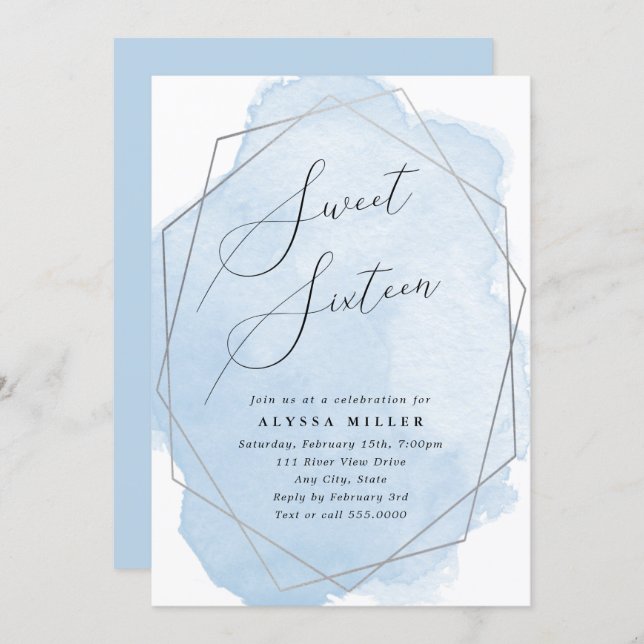 Sweet Sixteen Silver Geo Frame, Blue Watercolor Invitation (Front/Back)
