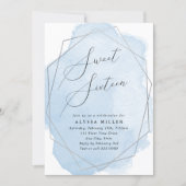 Sweet Sixteen Silver Geo Frame, Blue Watercolor Invitation (Front)