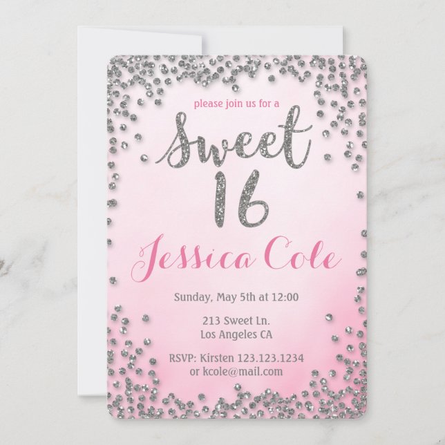 Sweet Sixteen Silver Glitter Birthday Invitation (Front)