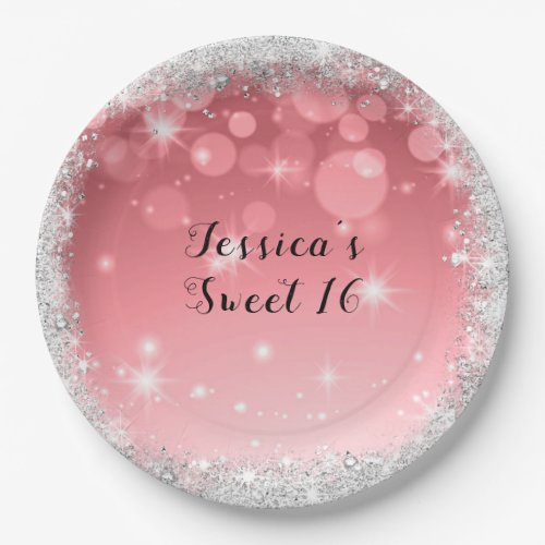 Sweet Sixteen Silver Glitter Pink Paper Plates