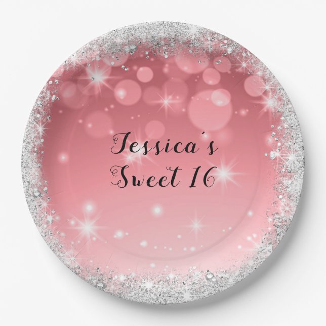 Sweet Sixteen Silver Glitter Pink Paper Plates (Front)