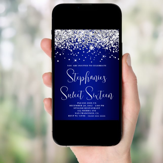 Sweet Sixteen Silver Glitter Royal Blue Navy Ombre Invitation (Front Digital)