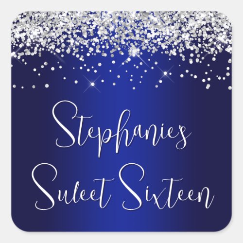 Sweet Sixteen Silver Glitter Royal Blue Navy Ombre Square Sticker