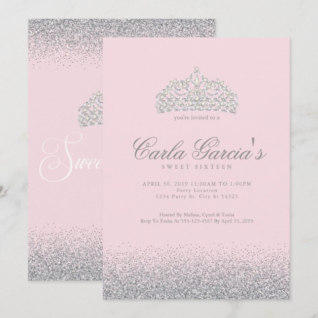 Sweet Sixteen Silver Sparkle Invitations (Front/Back)