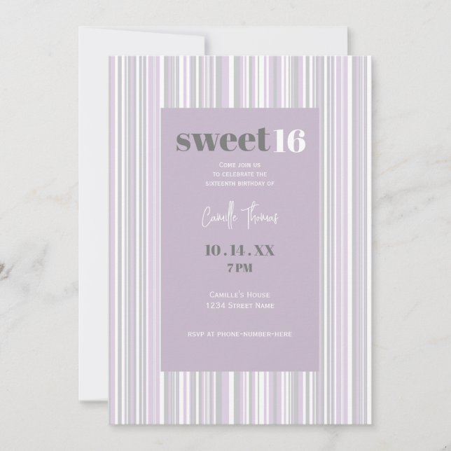 Sweet Sixteen | Soft Purple & Gray Stripes Invitation (Front)