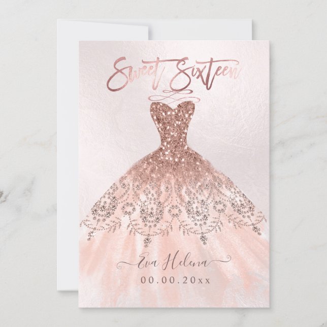 Sweet Sixteen, Sparkle Gown, Faux Rose Gold cards (Front)