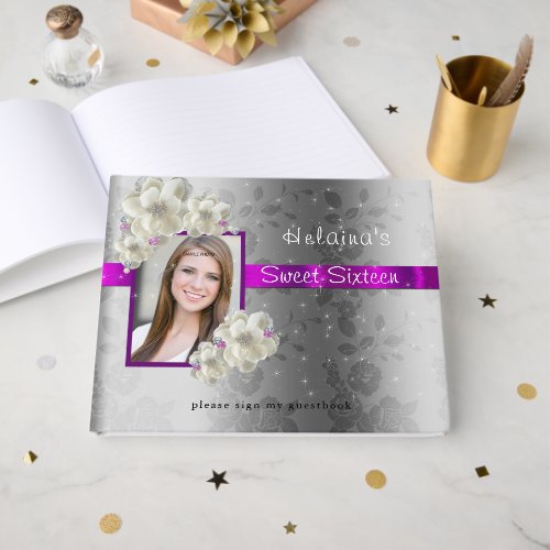 Sweet Sixteen, Sparkle, Pink Satin White Roses Guest Book