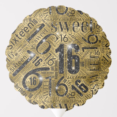 Sweet Sixteen Sparkle Word Cloud BlackGold ID265 Balloon