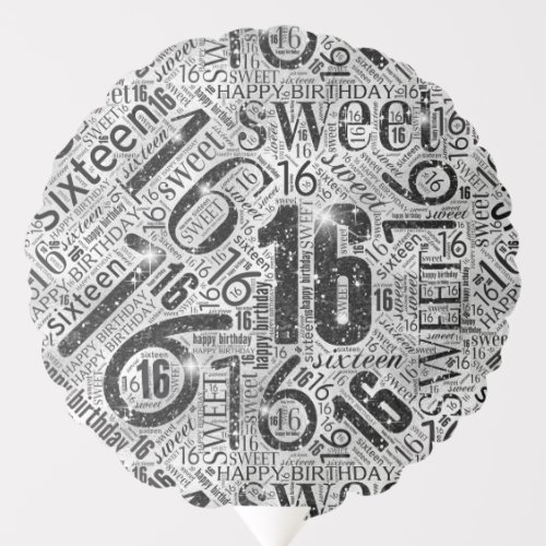 Sweet Sixteen Sparkle Word Cloud BlackWhite ID265 Balloon