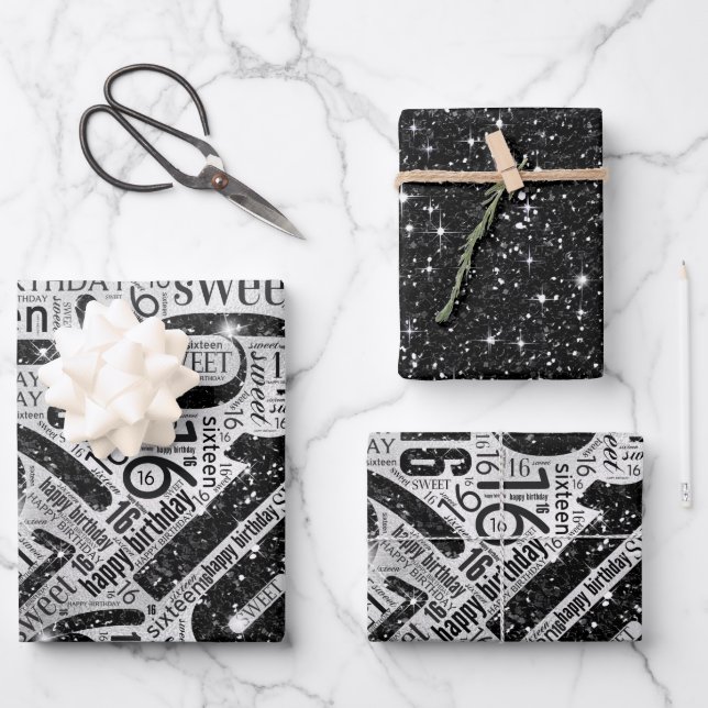 Sweet Sixteen Sparkle Word Cloud Black/White ID265 Wrapping Paper Sheets (Front)