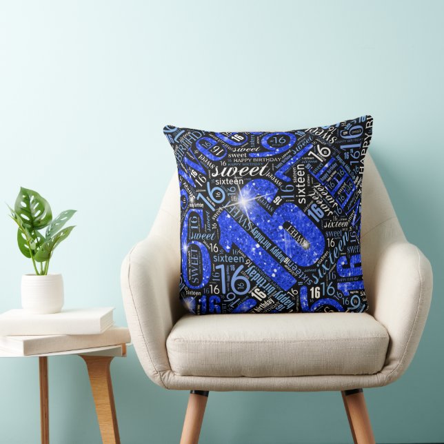 Sweet Sixteen Sparkle Word Cloud Blue Blk ID265 Throw Pillow (Chair)