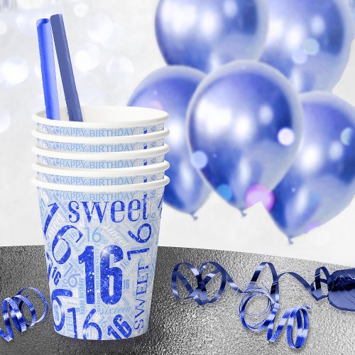 Sweet Sixteen Sparkle Word Cloud Blue ID265 Paper Cups