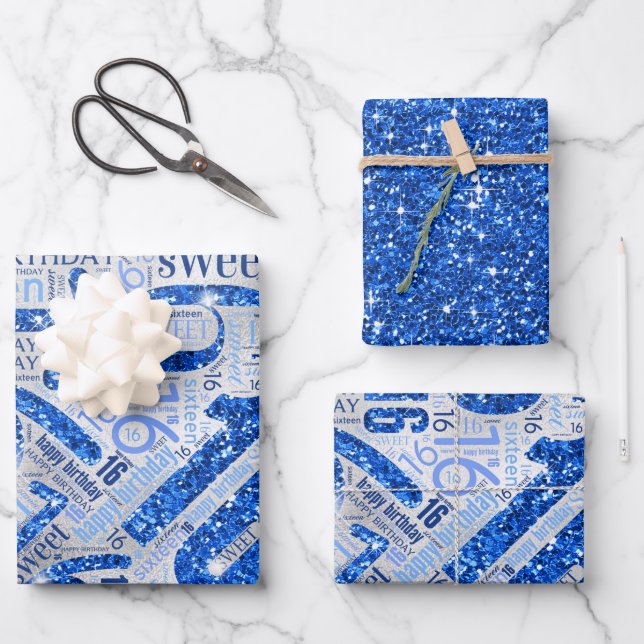 Sweet Sixteen Sparkle Word Cloud Blue ID265 Wrapping Paper Sheets (Front)