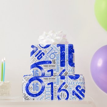 Sweet Sixteen Sparkle Word Cloud Blue White Id265 Wrapping Paper by arrayforcards at Zazzle