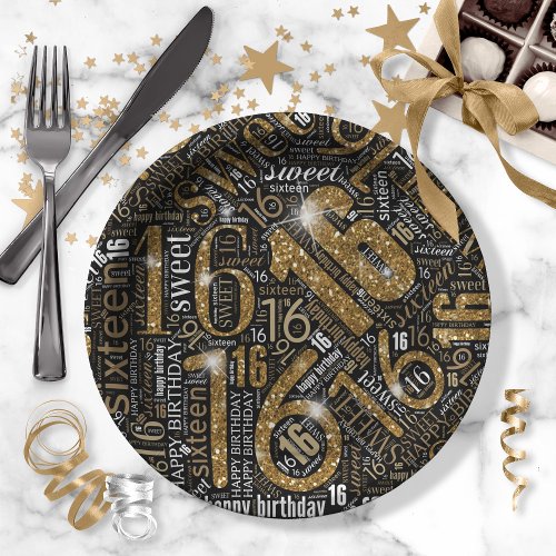 Sweet Sixteen Sparkle Word Cloud Gold Blk ID265 Paper Plates